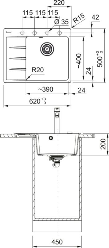 Мийка кухонна Franke Centro, фраграніт, прямокутник, з крилом, 620х500х200мм, чаша - 1, врізна, CNG 611-62 TL, сірий камінь