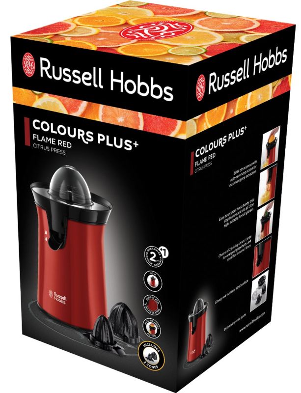 Соковитискач Russell Hobbs Colours Plus цитрус-прес 600Вт, 2 насадки в комплекті, пластик, червоний