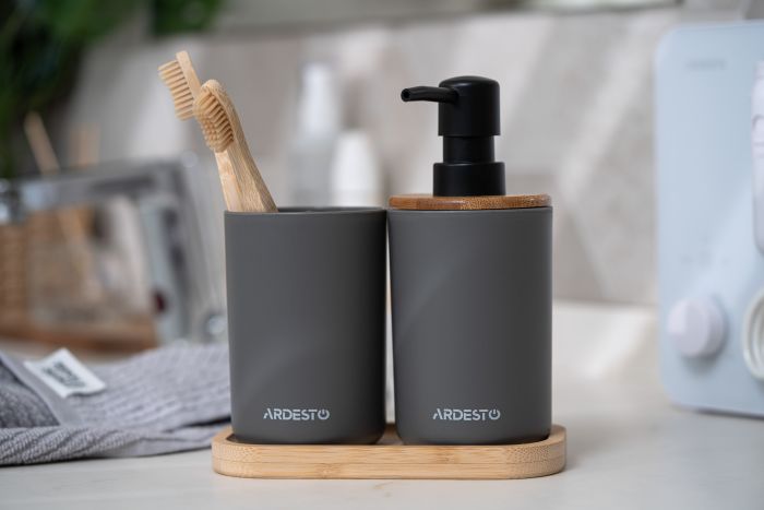 Набір для ванної кімнати Ardesto Minimalism 360мл, 3 предмети, поліпропілен, бамбук, сірий темний