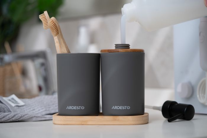 Набір для ванної кімнати Ardesto Minimalism 360мл, 3 предмети, поліпропілен, бамбук, сірий темний