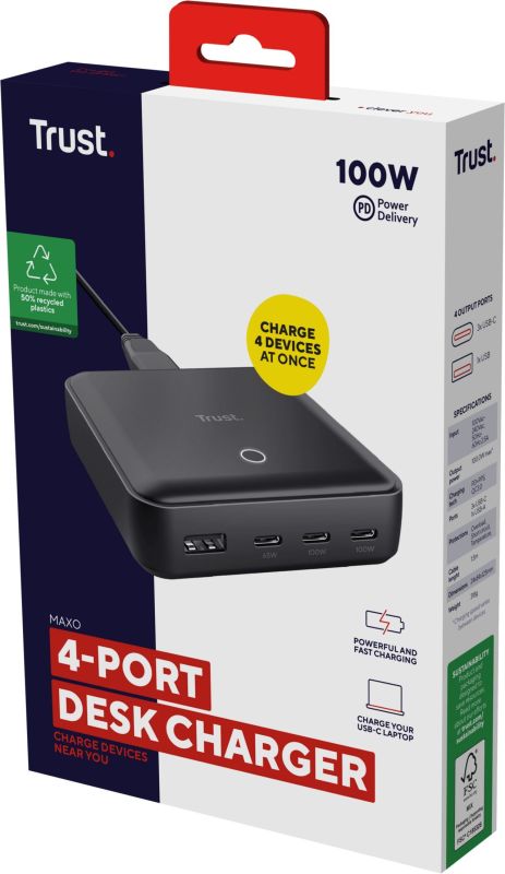 Зарядний пристрій мережевий Trust Maxo 100Вт, 3xUSB-C/USB-A ,PD, чорний