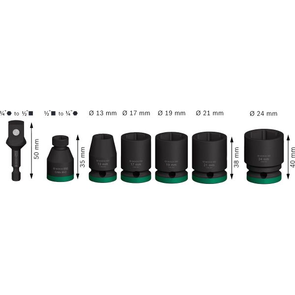 Набір ударних торцевих головок Bosch Professional Standart 7шт 1/2" з адаптером