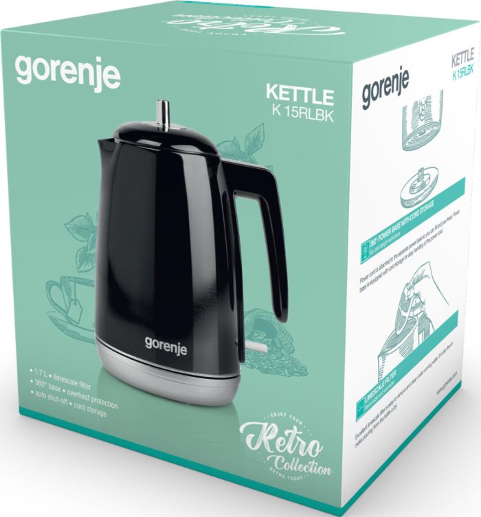 Электрочайник Gorenje 1.7л, Strix контроль, черный