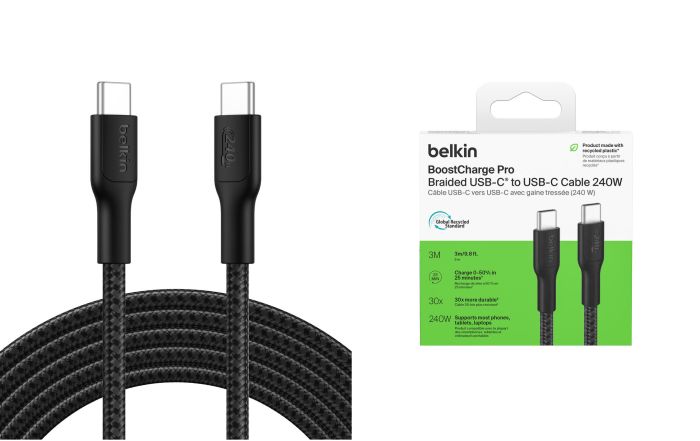 Кабель USB-C > USB-C зарядки/синхронизации Belkin 3м, 240Вт, Type-C, витой, черный