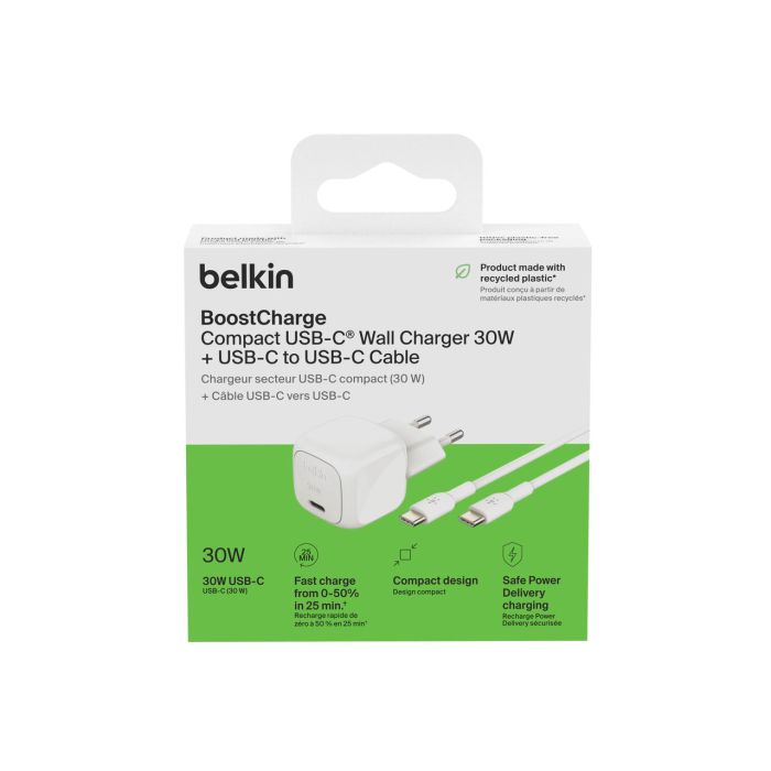 Зарядний пристрій мережевий Belkin 30Вт USB-С PD PPS, кабель USB-С > USB-C, 1м, PVC, білий