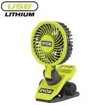Вентилятор аккумуляторный клипса Ryobi USB Lithium RCF4-0 4В 3800об·мин вращение 325° поворот 180° 2 скорости 0.29кг без АКБ и ЗУ