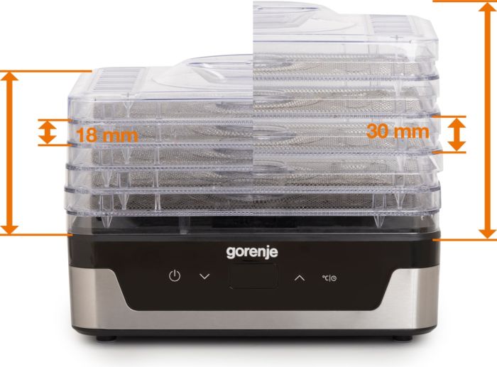 Сушарка для продуктів Gorenje 230Вт, піддонів - 5x2.8см, діаметр - 29см, макс - 75°С, електр.упр,білий