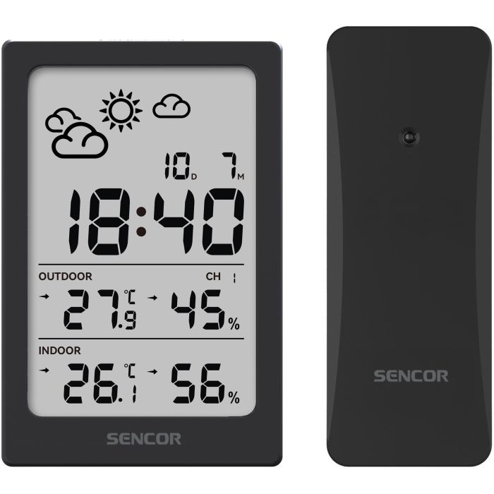 Метеостанция Sencor, внутр/наруж измерение,  AAAx2+AAx2, темп-ра, влажность, время, чёрный