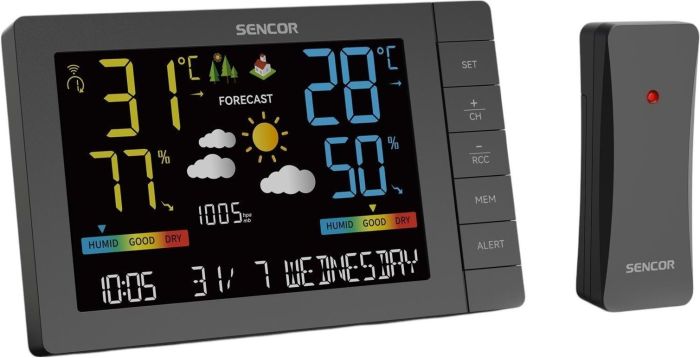 Метеостанция Sencor, внутр/наруж измерение, от сети/AAx3+AAx2, темп-ра, влажность, время, прогноз погоды, атмосферное давление, чёрный