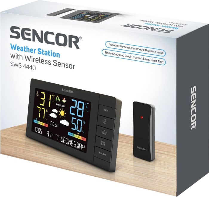 Метеостанция Sencor, внутр/наруж измерение, от сети/AAx3+AAx2, темп-ра, влажность, время, прогноз погоды, атмосферное давление, чёрный