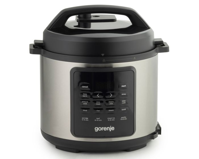 Мультиварка-скороварка Gorenje, 1000Вт, чаша-6л, электронное управл., 8 програм, металл/пластик, черный-нерж