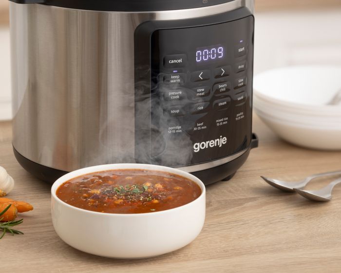Мультиварка-скороварка Gorenje, 1000Вт, чаша-6л, электронное управл., 8 програм, металл/пластик, черный-нерж