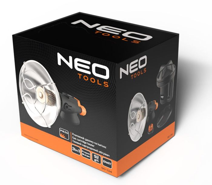 Обогреватель газовый туристический Neo Tools, 92г/час, картриджный, регулятор, пьезоподжиг, черный