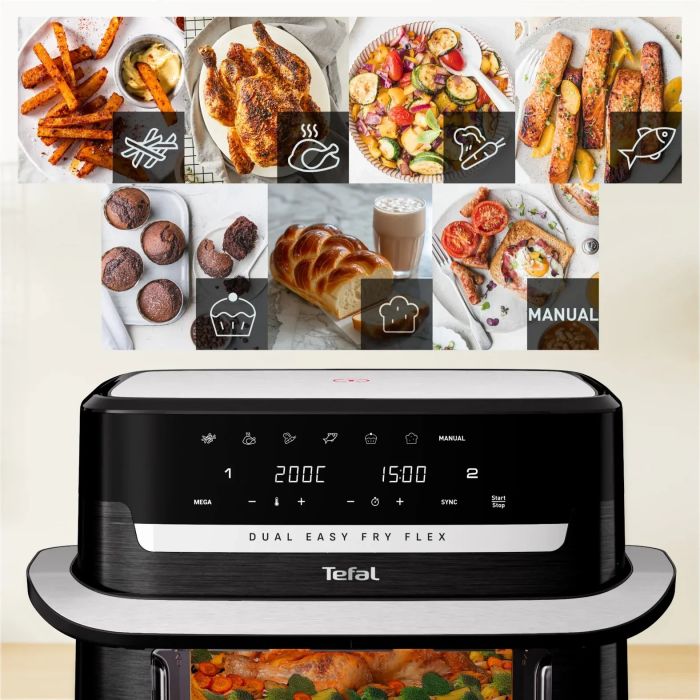 Мультипечь Tefal Dual Easy Fry Flex, 2700Вт, чаша-5.5+3.5л, сенсорное управл., 2 чаши, гриль, пластик, черный
