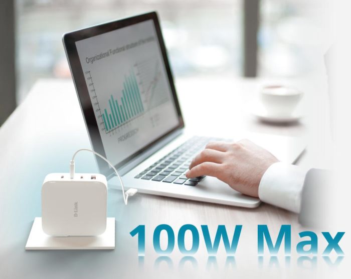Зарядний пристрій мережевий   100Вт GaN 3хUSB-С, 1xUSB-A, білий D-Link DCP-101