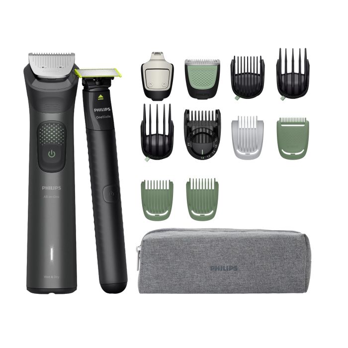 Тример Philips Series 9000, для обличчя, голови, тіла, акум., насадок-15, OneBlade в компл., сталь, сірий