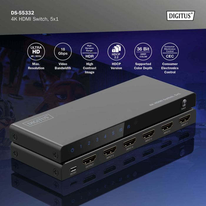 Відеокомутатор DIGITUS UHD HDMI (INx5 - OUTx1), 4K