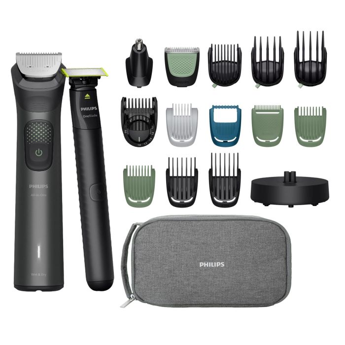 Тример Philips Series 9000, для обличчя, голови, тіла, акум., насадок-19, OneBlade в компл., сталь, сірий