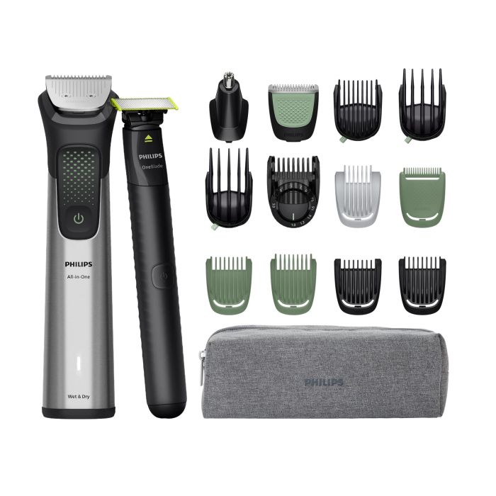 Тример Philips Series 9000, для обличчя, голови, тіла, акум., насадок-17, OneBlade в компл., сталь, сірий