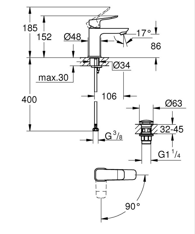 Смеситель для раковины Grohe QuickFix Dice ColdStart S-размера, дл. излива - 106мм, неповоротный, 1 рычаг, хром