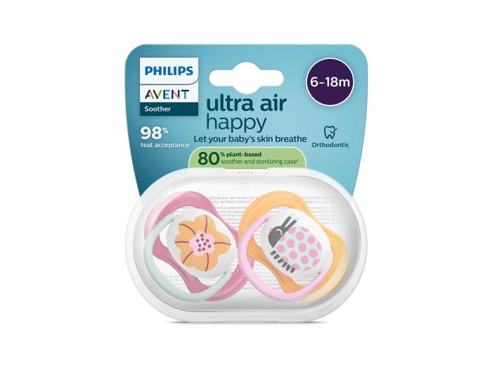 Пустышка Avent Ultra Air, 6-18 мес., 2шт, дизайн для девушек.