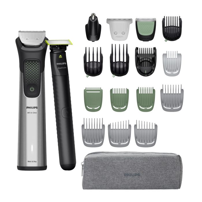 Триммер Philips Series 9000 для бороды, головы, тела, акум., насадок-15, OneBlade в компл., сталь, серый