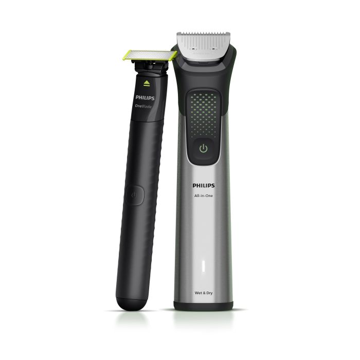 Триммер Philips Series 9000 для бороды, головы, тела, акум., насадок-15, OneBlade в компл., сталь, серый
