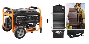 Генератор бензиновий Neo Tools 230В (1 фаза), 2.8/3кВт, електростартер, AVR, 45кг + Портативний зарядний пристрій сонячна панель 90-140