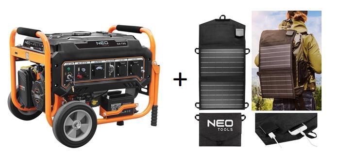 Генератор бензиновый Neo Tools 230В (1 фаза), 2.8/3кВт, электростартер, AVR, 45кг + Портативное зарядное устройство солнечная панель 90-140