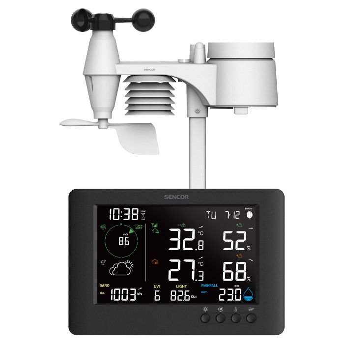 Метеостанция Sencor, внутр/наруж измерение, от сети/CR2032x1+AAx3, темп-ра, влажность, время, прогноз погоды, атм. давление, скор. ветра, подкл. К WIFI, чёрный