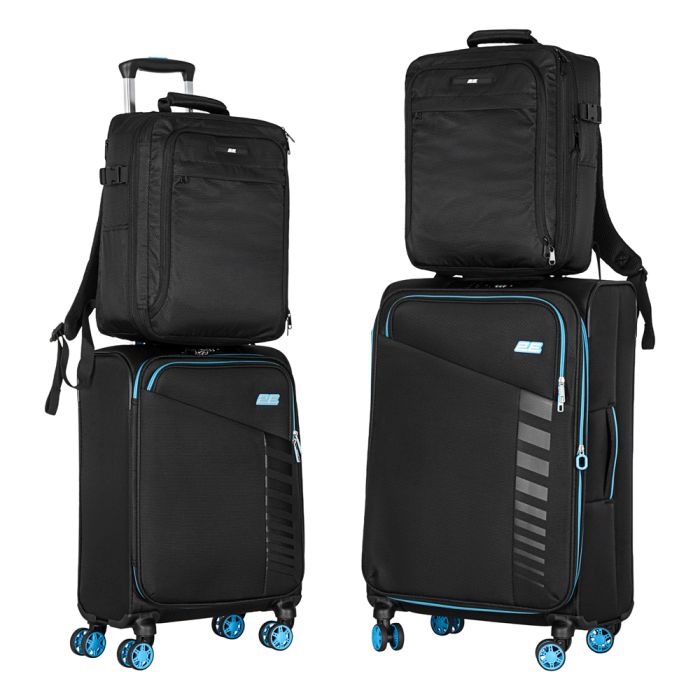 Набор чемоданов 2E, Trek, (M+S), TSA, 4 колеса, + 2 рюкзака Cabin (2E-BPET-CABIN-BK), полиестр, черный