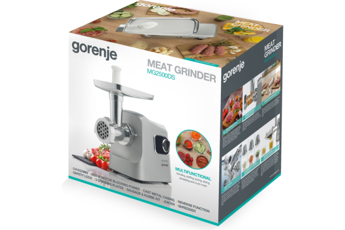 Мясорубка Gorenje, 2500Вт, 2.8кг/мин, 3 решетки, насадка для колбас, кеббе, шнековая соковыжим, 3 терки, пластик/металл, нерж