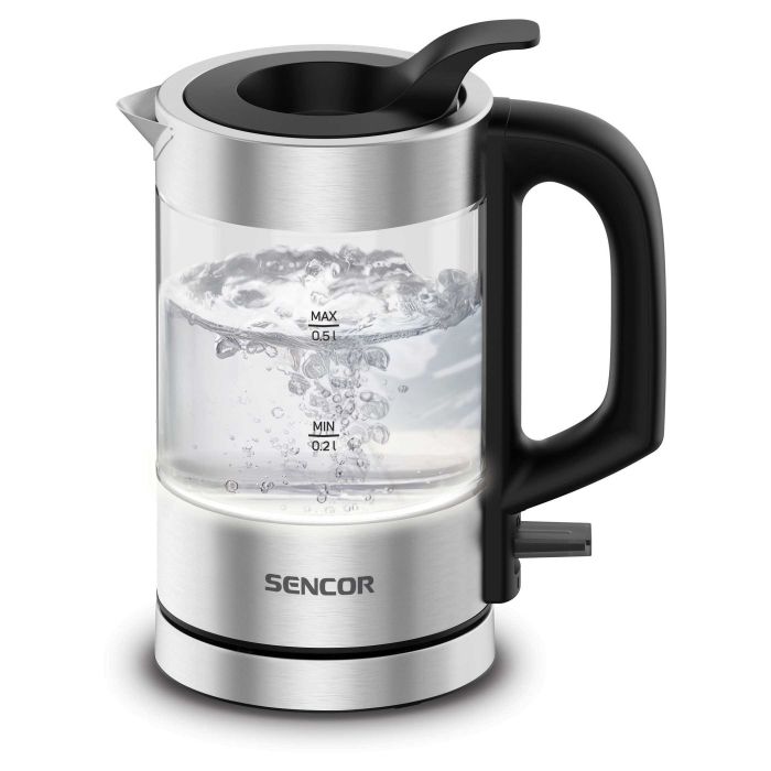 Електрочайник Sencor 0.5л, Strix, пластик, в комплекті 2 склянки + 2 ложки, скло, нерж. сталь