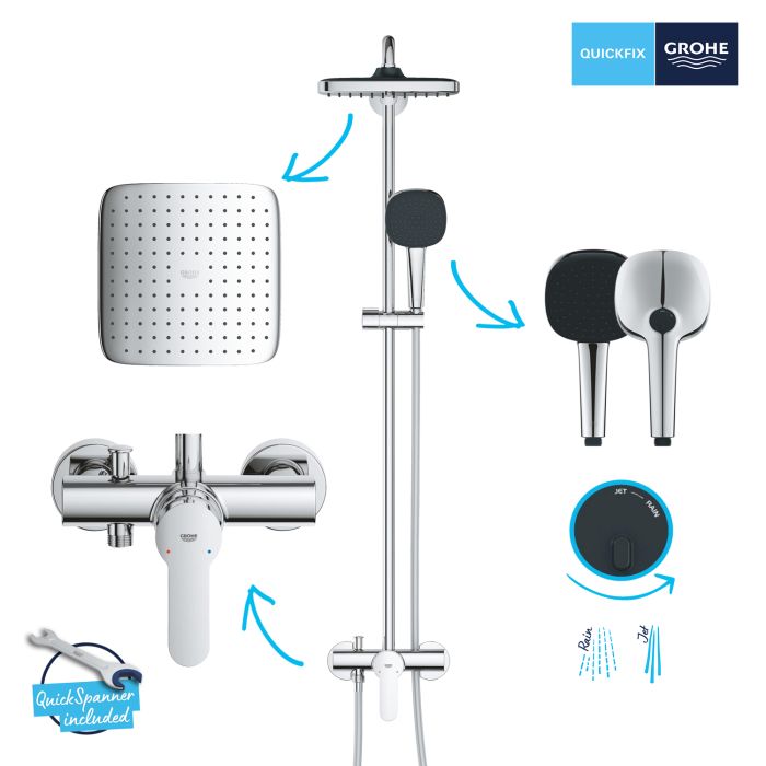 Душова система Grohe QuickFix Vitalio Comfort 250 зі із одноважільним змішувачем для душу, верхній душ, лійка, кріпл. - на стійці, хром