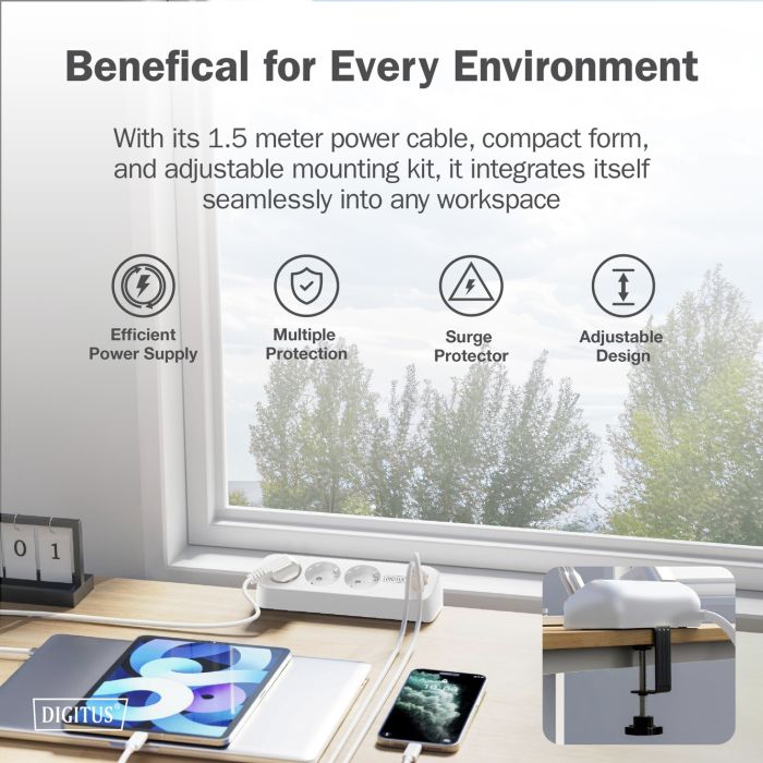 Блок розеток DIGITUS Office, 3xSchuko, 2xUSB-A, 1xUSB-C, 16A, 1.5м, вилка Schuko, белый