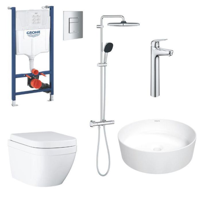Комплект Grohe Mega Bundle унітаз з інсталяцією, раковина зі змішувачем та душова система