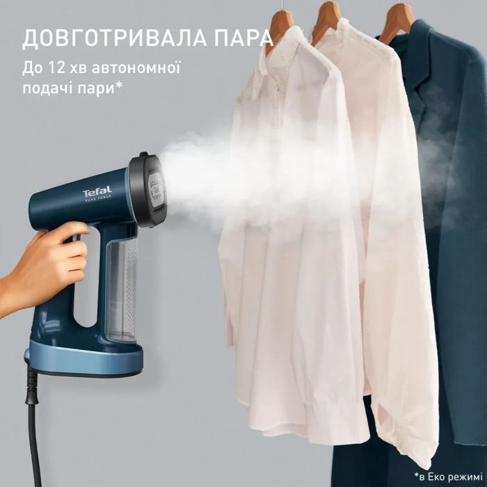 Відпарювач Tefal компактний Pure Force 3в1, 1800Вт, 180мл, постійна пара - 35гр, керам. підошва, синій
