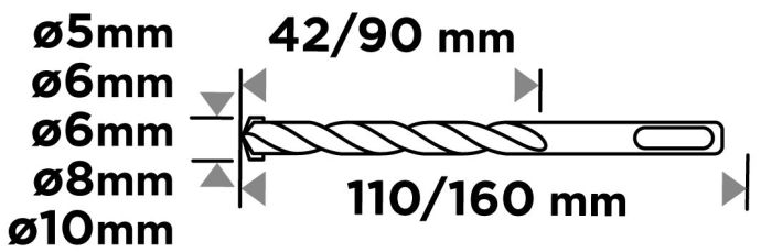 Набір свердел по бетону GRAPHITE SDS Plus 5x6x110мм, 6x8x10x160мм, кейс, 5шт