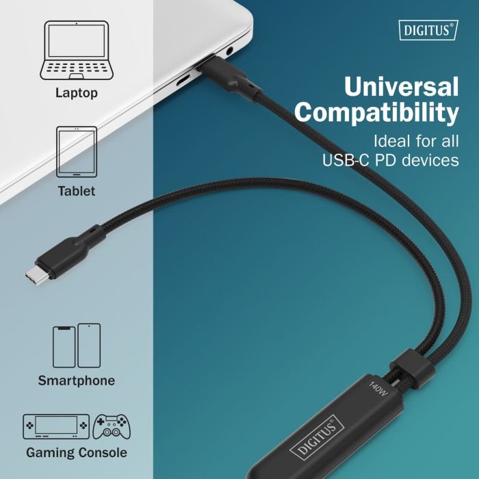 Кабель DIGITUS USB-C > 2xUSB-C зарядки/синхронизации, USB 2.0, 140W, 1.8м, черный