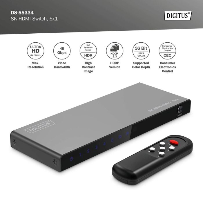 Відеокомутатор DIGITUS UHD HDMI (INx5 - OUTx1), 8K