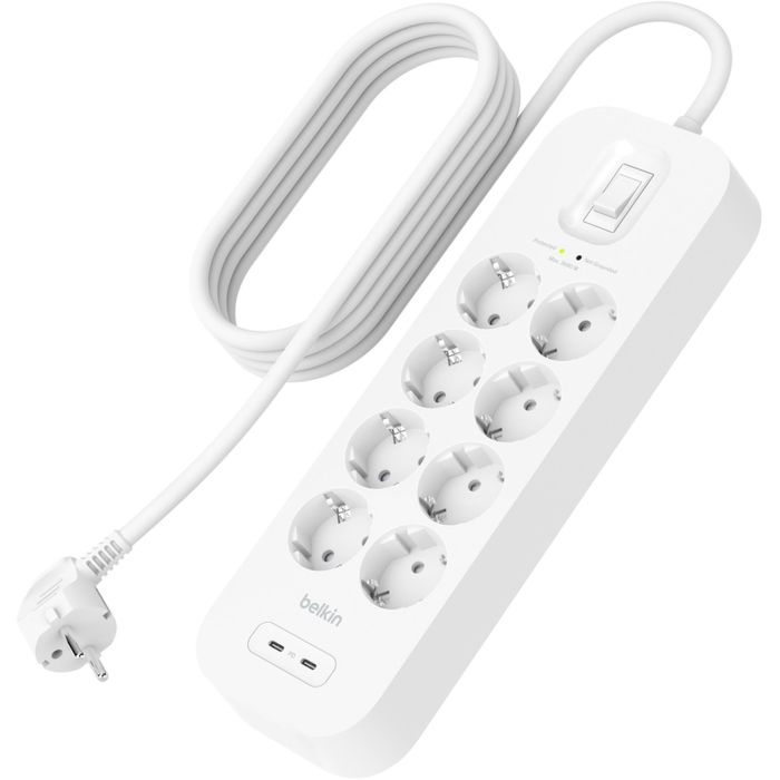 Удлинитель-фильтр сетевой Belkin 8хТип F, 3x1.5мм кв, 16А, USB-C/USB-C 30Вт, защитой от перенапряжения, 2м, белый