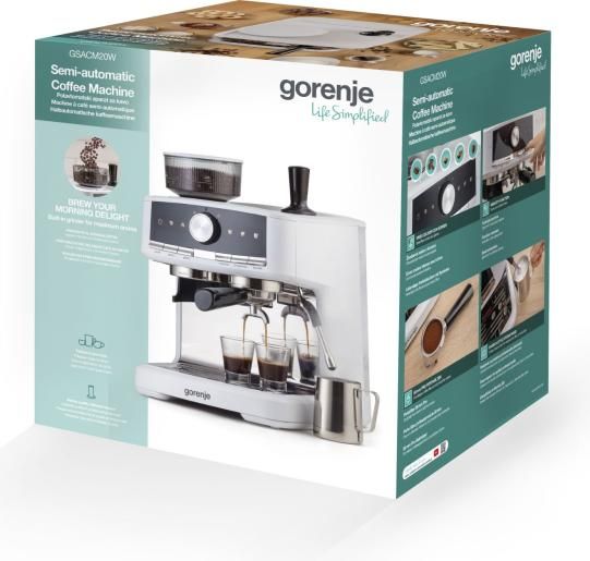 Кофеварка Gorenje рожковая 2.5л, кофемолка 0,25л,  капучинатор, кнопочное управл., белый