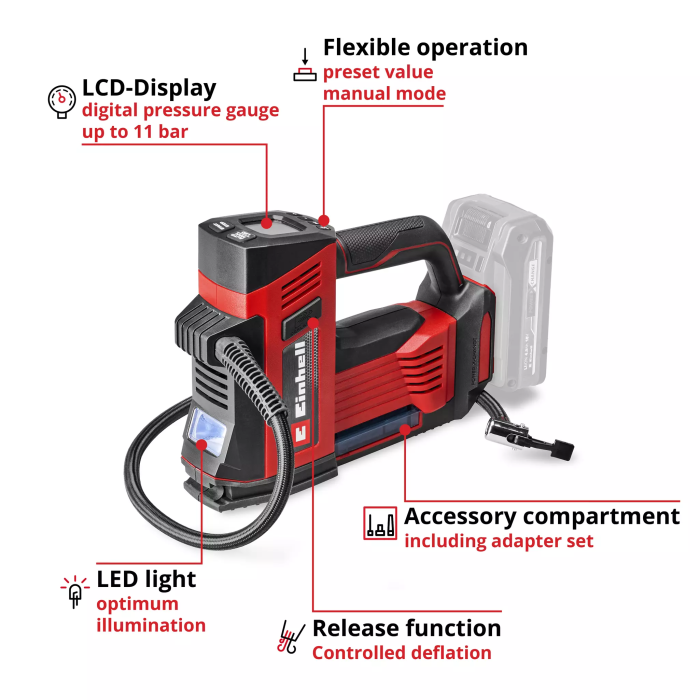 Компресор повітряний акумуляторний Einhell CE-CC 18/23 D Li - Solo, 18В, до 12л/хв, 11бар, 1.16кг без АКБ та ЗП