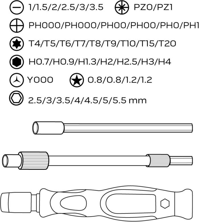 Биты Neo Tools, 1/4", битодержатель, прецизионные, CrV, набор 45шт