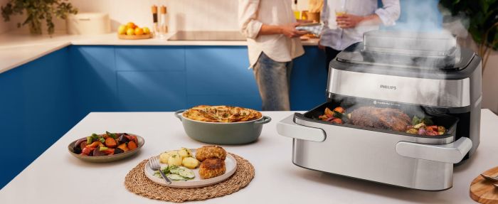 Мультипечь Philips Ovi Dual SteamFry 2750Вт, чаша-3+6л, сенсорное управл., 8 авто. программ. 2 кош., пластик/металл, серый