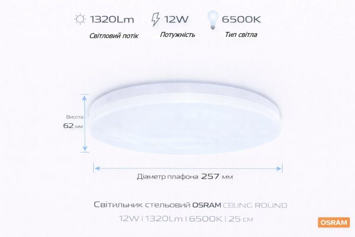 Накладной светильник ТМ OSRAM CEILING ROUND 12 Вт, 6500 К, 960 Лм