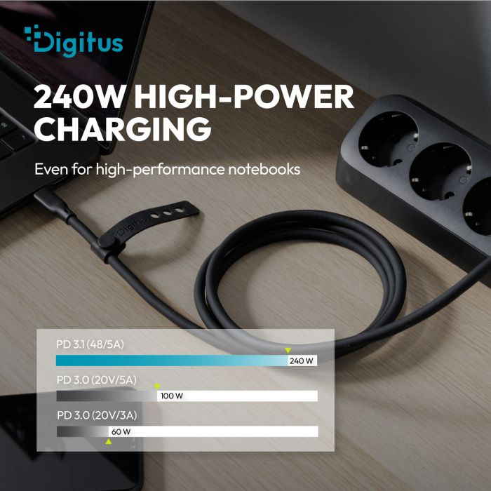 Кабель DIGITUS USB-C > USB-C зарядки/синхронизации, USB4 2.0, 80G, 240W, 16K, силиконовый, 1м, черный