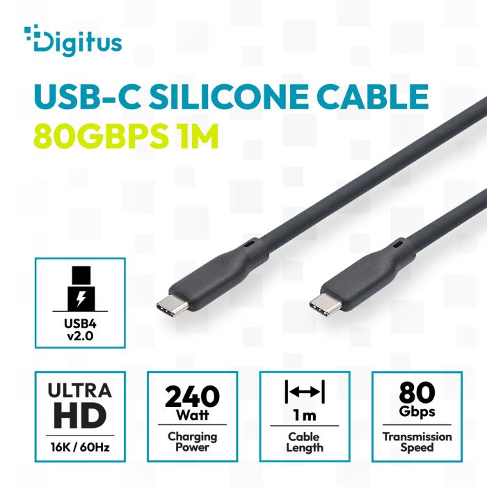 Кабель DIGITUS USB-C > USB-C зарядки/синхронизации, USB4 2.0, 80G, 240W, 16K, силиконовый, 0.5м, черный
