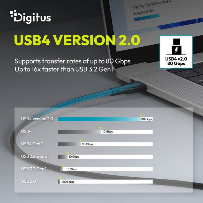 Кабель DIGITUS USB-C > USB-C зарядки/синхронизации, USB4 2.0, 80G, 240W, 16K, силиконовый, 0.5м, черный