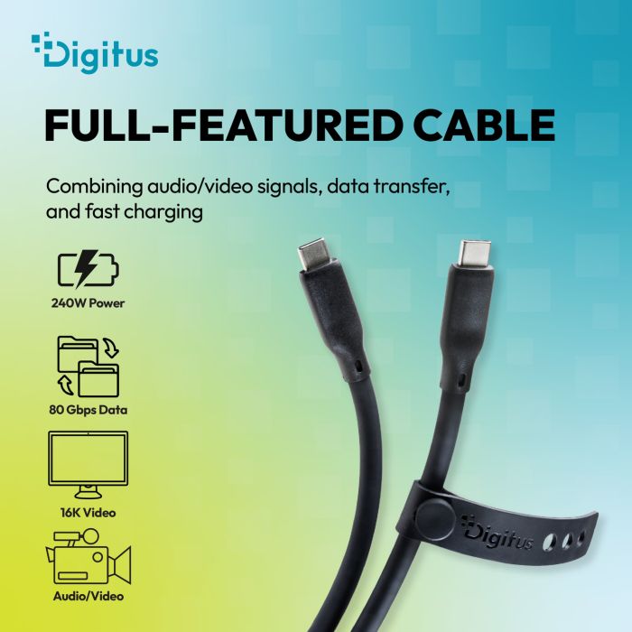 Кабель DIGITUS USB-C > USB-C зарядки/синхронизации, USB4 2.0, 80G, 240W, 16K, силиконовый, 0.5м, черный